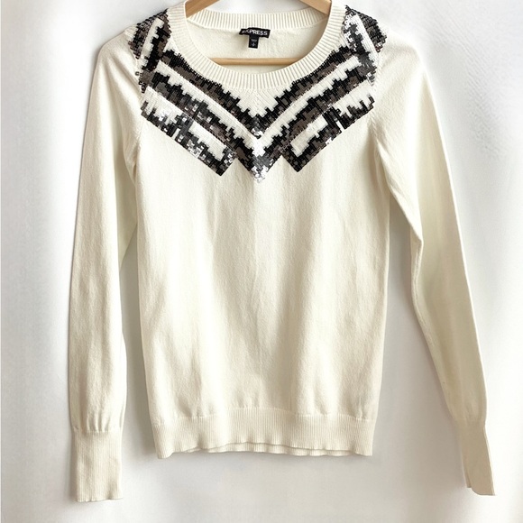 Express Sequin Sweater | Cream Knit | Quiet Luxury | Women’s Small - Picture 2 of 7